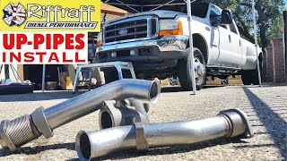 2001 F350 73  RiffRaff UpPipes Install  Stock up pipes leaking and falling apart JUNK SP [upl. by Ybok870]