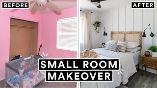 EXTREME SMALL BEDROOM MAKEOVER  DIY HEADBOARD From Start To Finish [upl. by Sekofski]